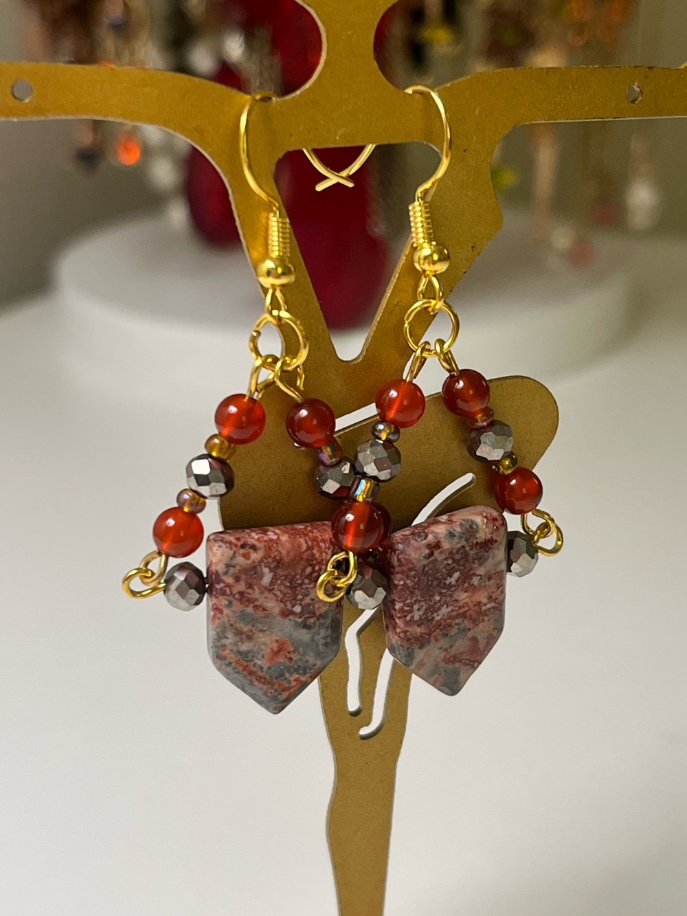 Handmade Carnelian & Leopardskin Jasper Dangle Earrings Gold Tone